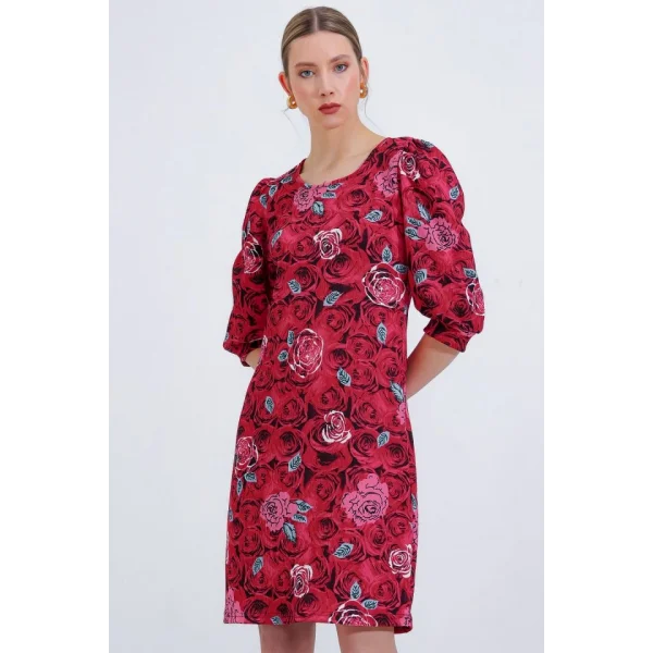 Bordo Gül Desenli Midi Elbise 2477