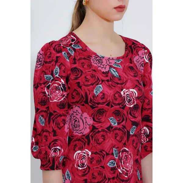 Bordo Gül Desenli Midi Elbise 2477