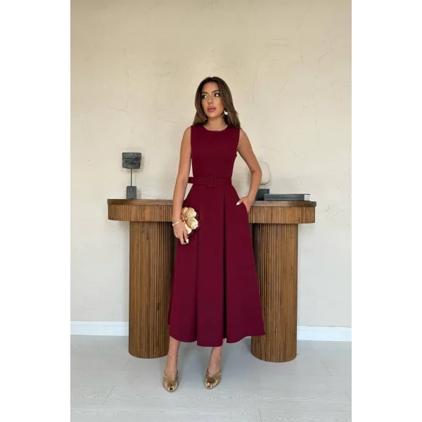 Bordo Halter Yaka Kloş Elbise