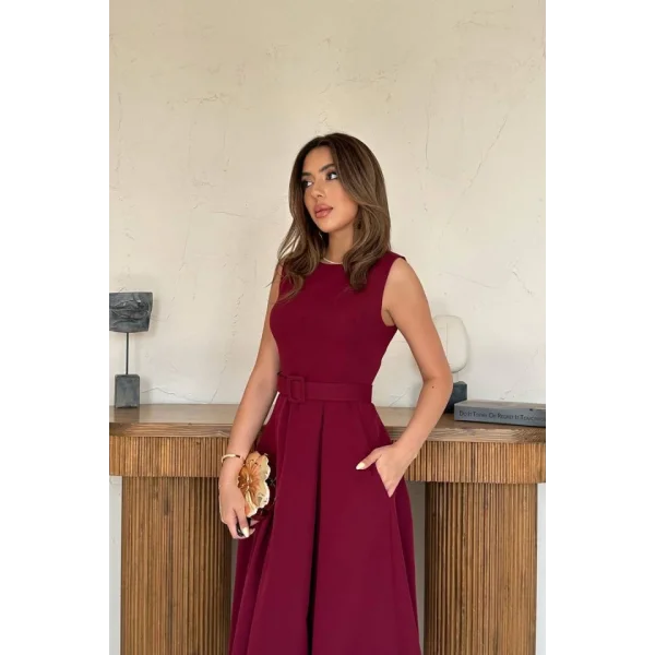 Bordo Halter Yaka Kloş Elbise