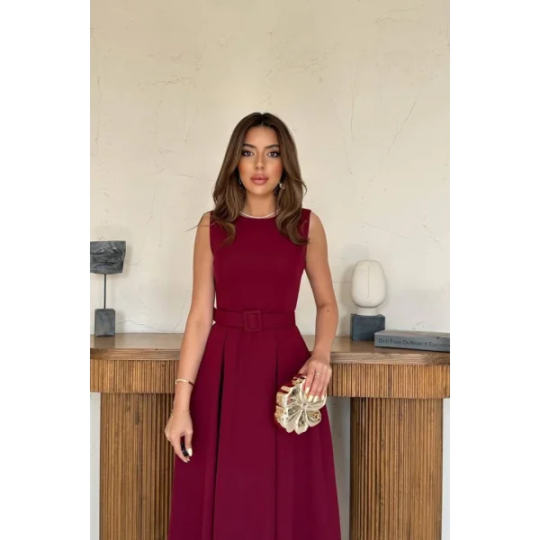 Bordo Halter Yaka Kloş Elbise