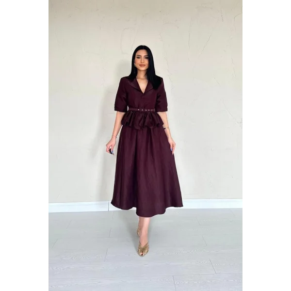 Bordo İnce Kemerli Fırfırlı Ceket Ve Büzgülü Etek Takım