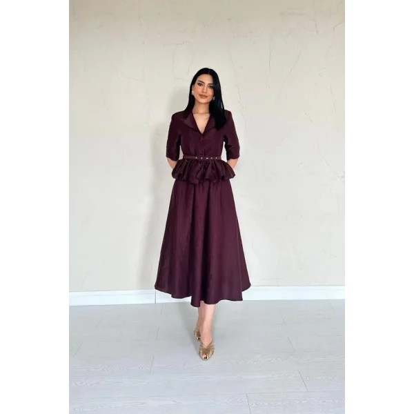 Bordo İnce Kemerli Fırfırlı Ceket Ve Büzgülü Etek Takım
