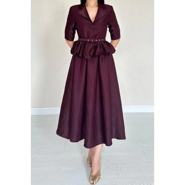 Bordo İnce Kemerli Fırfırlı Ceket Ve Büzgülü Etek Takım