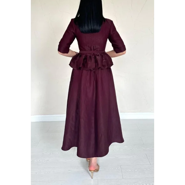 Bordo İnce Kemerli Fırfırlı Ceket Ve Büzgülü Etek Takım