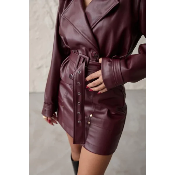 Bordo Kemerli Mini Deri Etek