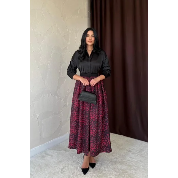 Bordo Leopar Büzgülü Uzun Etek