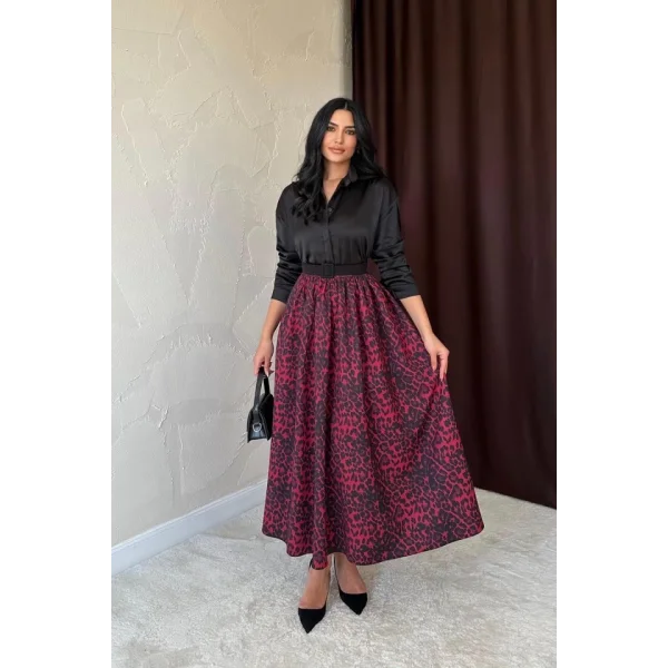 Bordo Leopar Büzgülü Uzun Etek