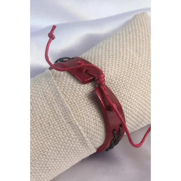 Bordo Renk Siyah İpli Deri Erkek Bileklik