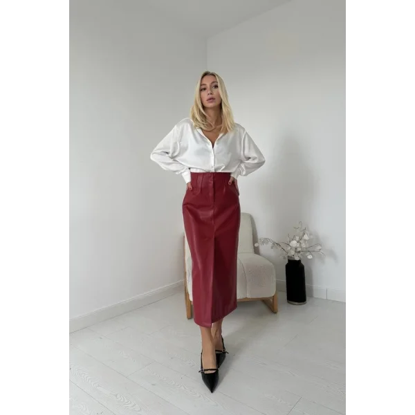 Bordo Yırtmaçlı Süs Patlı Etek