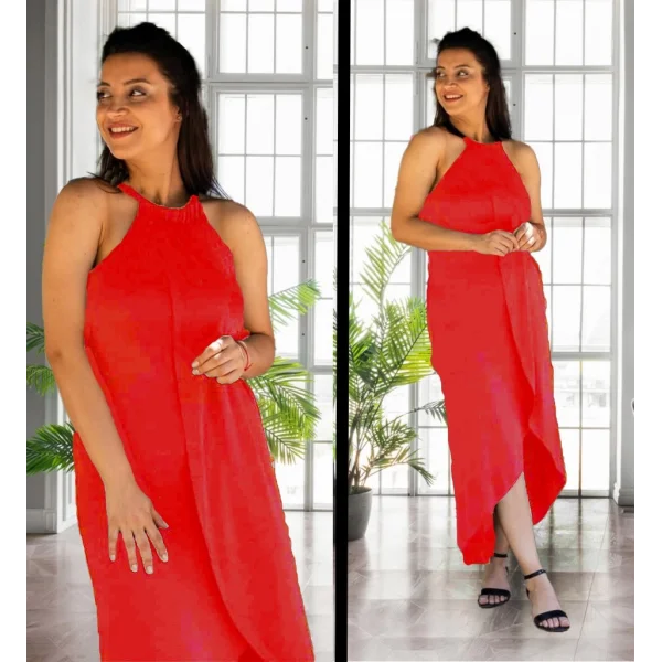 Boyun Askılı Eteği Kruvaze Kesim Viskon Kumaş Elbise