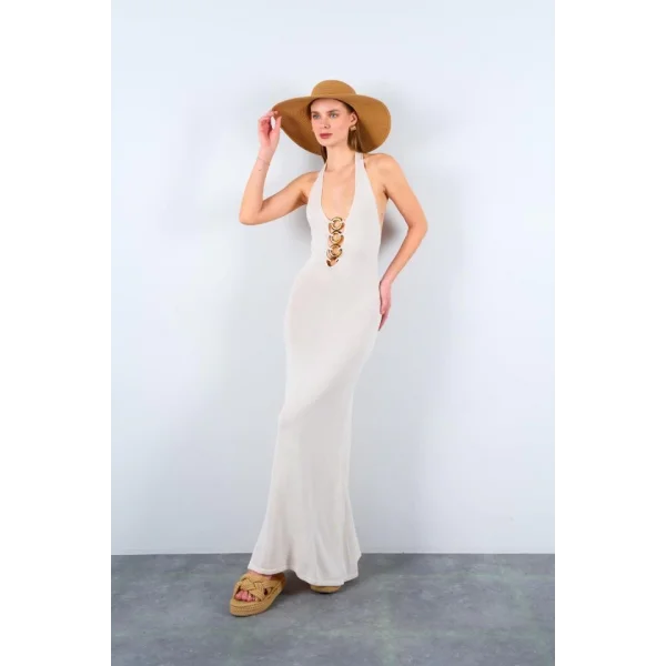 Boyundan Geçmeli Halka Tokalı Elbise  Krem