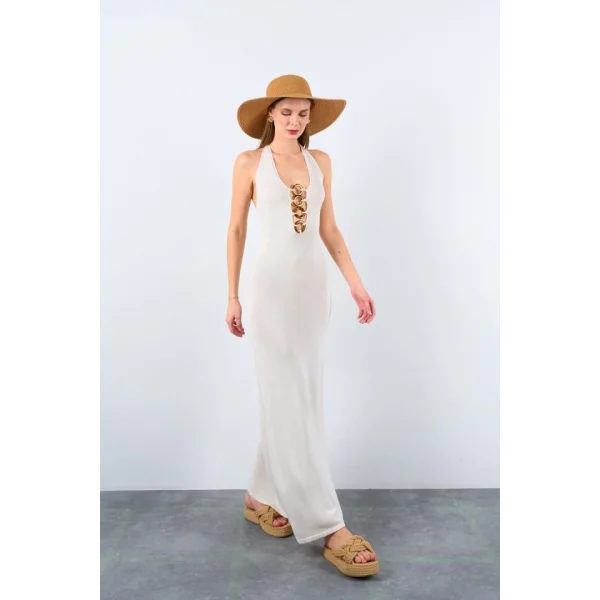 Boyundan Geçmeli Halka Tokalı Elbise  Krem