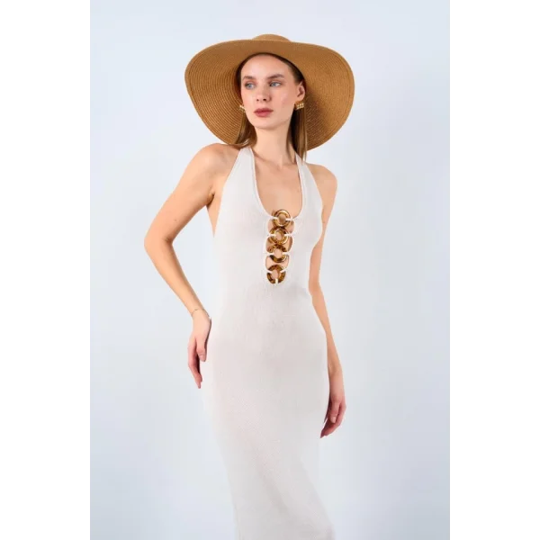 Boyundan Geçmeli Halka Tokalı Elbise  Krem