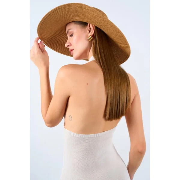 Boyundan Geçmeli Halka Tokalı Elbise  Krem