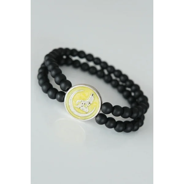 Bozkurt Figürlü Sarı Renk Silver Metal Aksesuarlı Çift Sıra Oniks Doğal Taş Erkek Bileklik