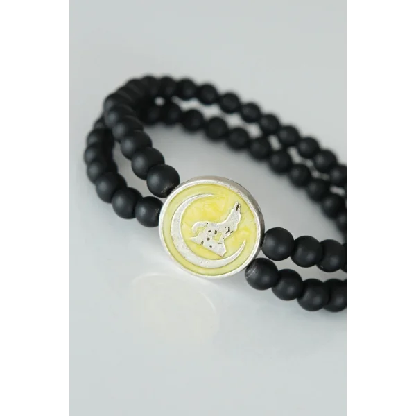 Bozkurt Figürlü Sarı Renk Silver Metal Aksesuarlı Çift Sıra Oniks Doğal Taş Erkek Bileklik