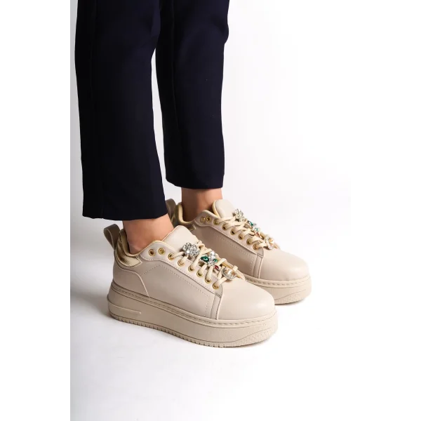 BRIANNA Bağcıklı Ortopedik Taban Renkli Taş Dekorlu Kadın Sneaker Spor Ayakkabı  CKT - Krem/Altın