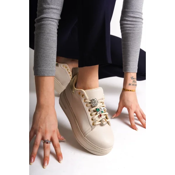 BRIANNA Bağcıklı Ortopedik Taban Renkli Taş Dekorlu Kadın Sneaker Spor Ayakkabı  CKT - Krem/Altın