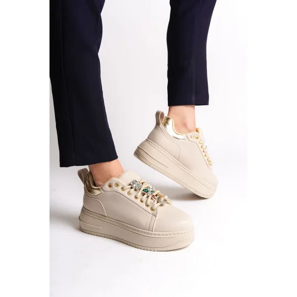 BRIANNA Bağcıklı Ortopedik Taban Renkli Taş Dekorlu Kadın Sneaker Spor Ayakkabı  CKT - Krem/Altın