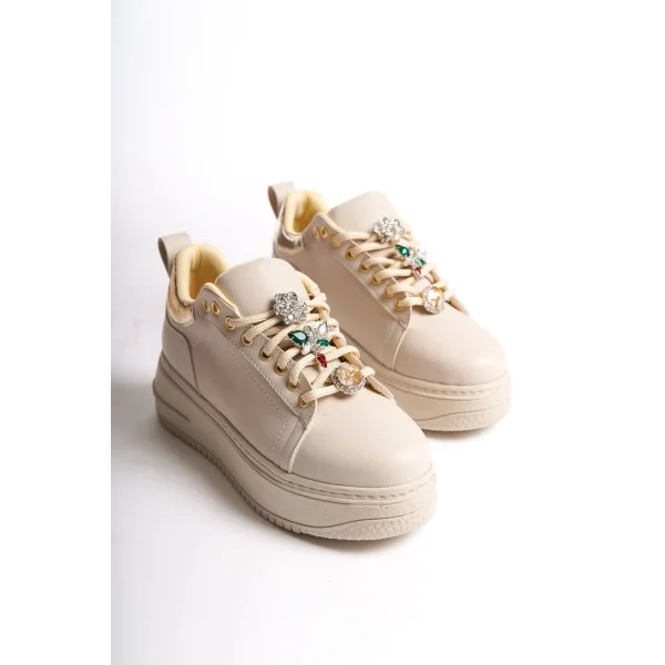 BRIANNA Bağcıklı Ortopedik Taban Renkli Taş Dekorlu Kadın Sneaker Spor Ayakkabı  CKT - Krem/Altın