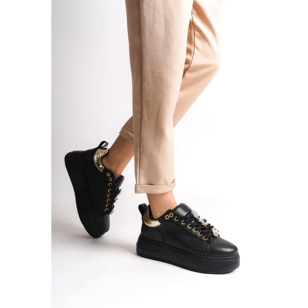 BRIANNA Bağcıklı Ortopedik Taban Renkli Taş Dekorlu Kadın Sneaker Spor Ayakkabı CST - Siyah/Altın