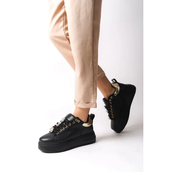 BRIANNA Bağcıklı Ortopedik Taban Renkli Taş Dekorlu Kadın Sneaker Spor Ayakkabı CST - Siyah/Altın