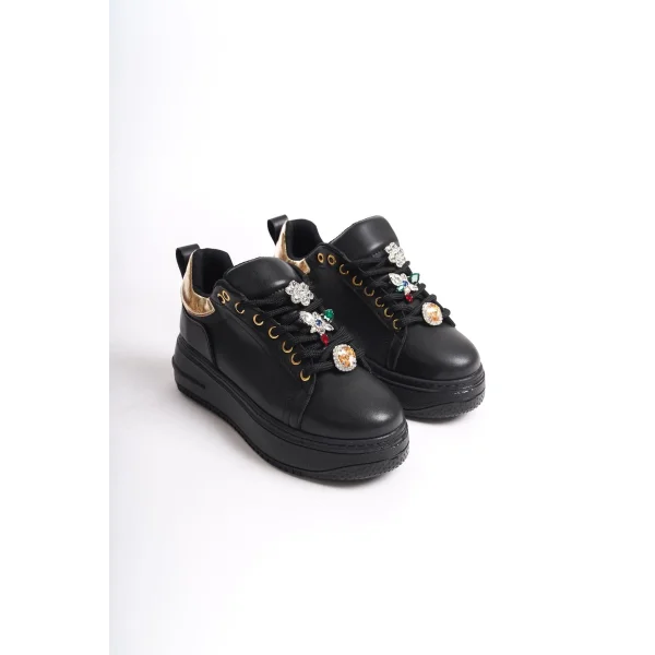 BRIANNA Bağcıklı Ortopedik Taban Renkli Taş Dekorlu Kadın Sneaker Spor Ayakkabı CST - Siyah/Altın