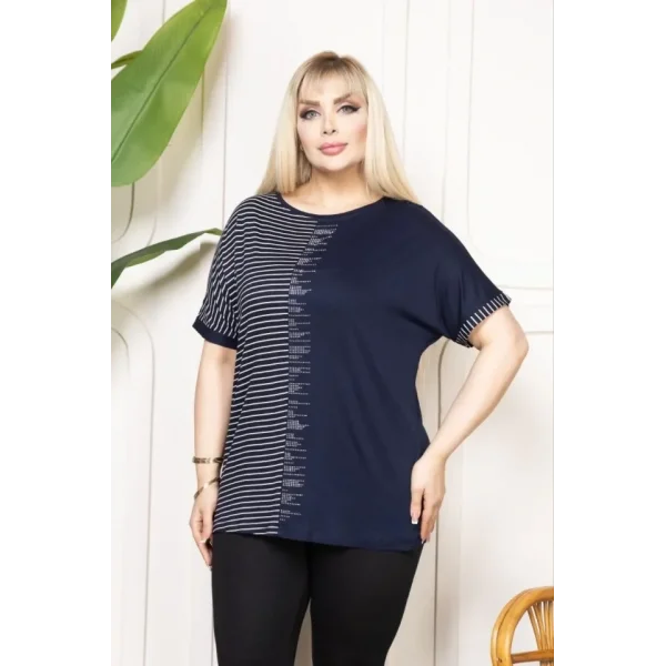 Büyük Beden Taş Detaylı Çizgili Viskon Tişört Bisiklet Yaka Rahat Kesim - Lacivert