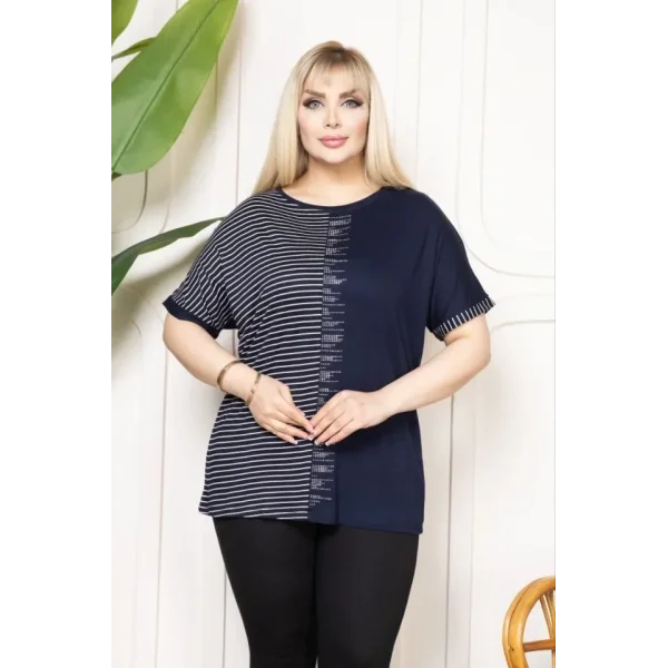 Büyük Beden Taş Detaylı Çizgili Viskon Tişört Bisiklet Yaka Rahat Kesim - Lacivert