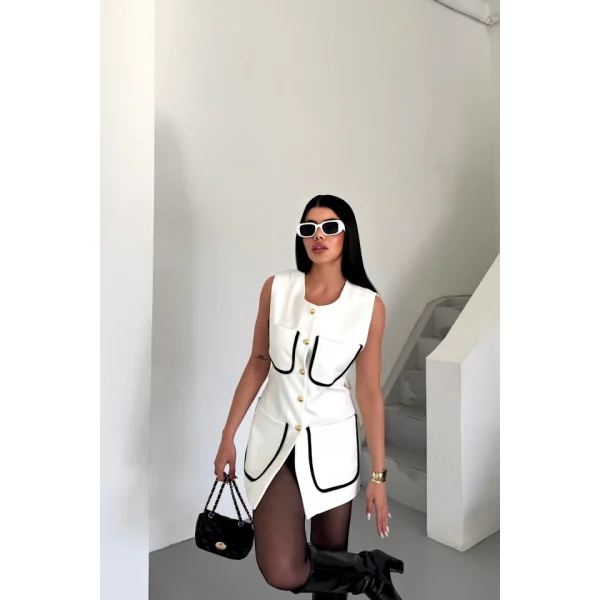 BÜYÜK CEP BİYE DETAYLI  YELEK - Beyaz