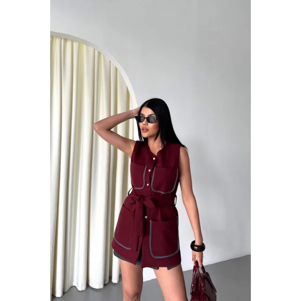 BÜYÜK CEP BİYE DETAYLI  YELEK - Bordo