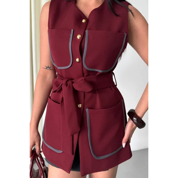 BÜYÜK CEP BİYE DETAYLI  YELEK - Bordo