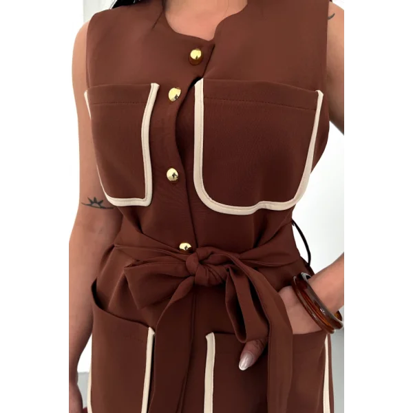 BÜYÜK CEP BİYE DETAYLI  YELEK - Kahverengi