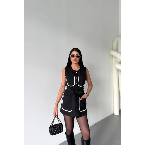 BÜYÜK CEP BİYE DETAYLI  YELEK - Siyah