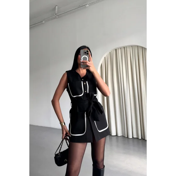 BÜYÜK CEP BİYE DETAYLI  YELEK - Siyah