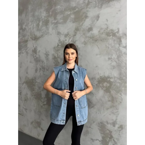 Büyük Cep Detaylı Kot Yelek