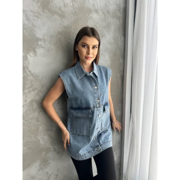 Büyük Cep Detaylı Kot Yelek