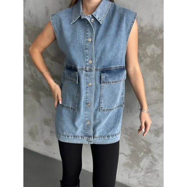 Büyük Cep Detaylı Kot Yelek