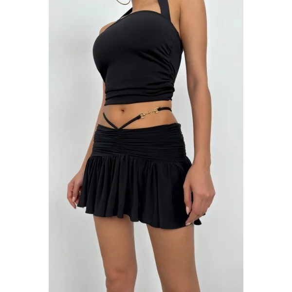 Büzgülü Bel Lastikli Mini Etek