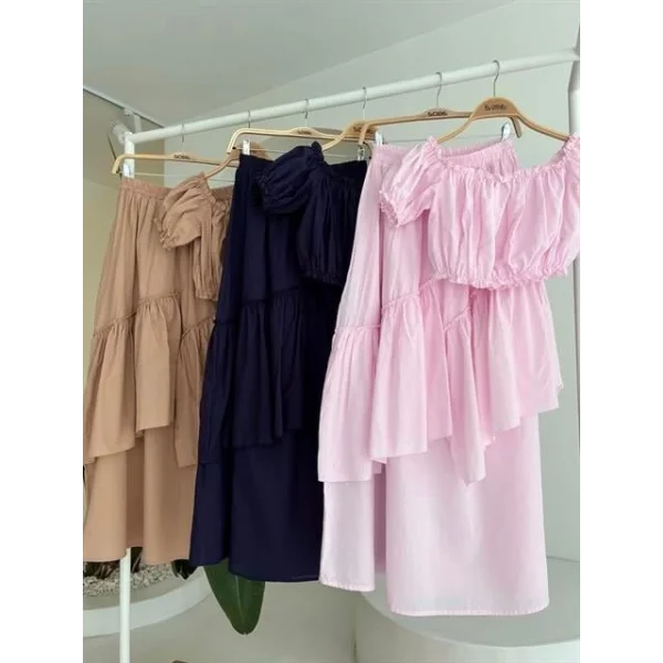 Büzgülü Crop Kat Detaylı Fırfır Etekli Takım 10196