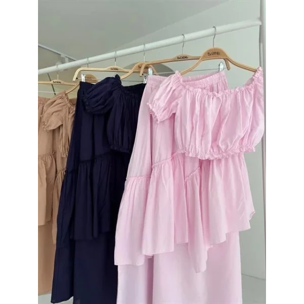 Büzgülü Crop Kat Detaylı Fırfır Etekli Takım 10196