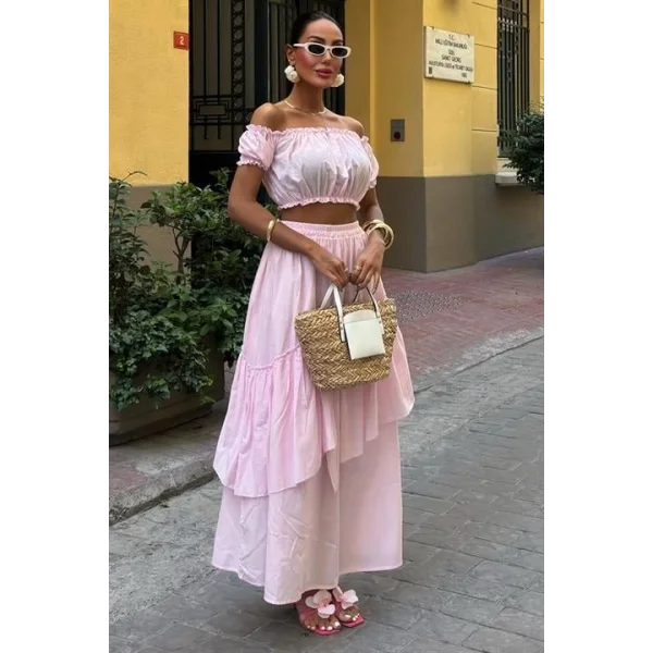 Büzgülü Crop Kat Detaylı Fırfır Etekli Takım 10196