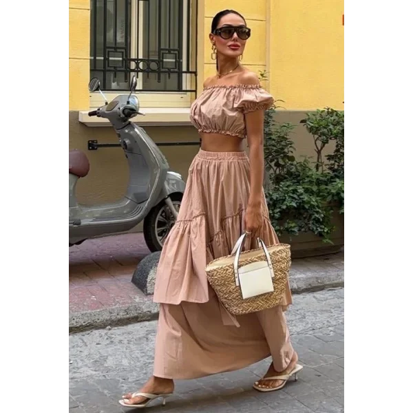 Büzgülü Crop Kat Detaylı Fırfır Etekli Takım 10196