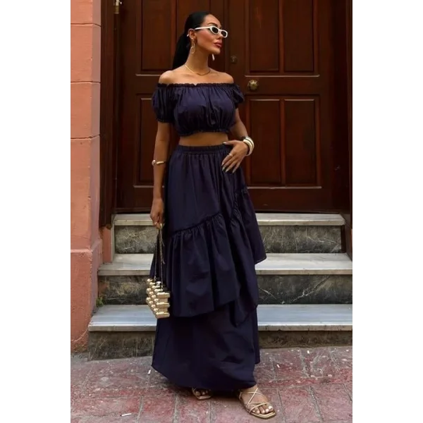 Büzgülü Crop Kat Detaylı Fırfır Etekli Takım 10196