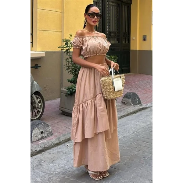 Büzgülü Crop Kat Detaylı Fırfır Etekli Takım 10196