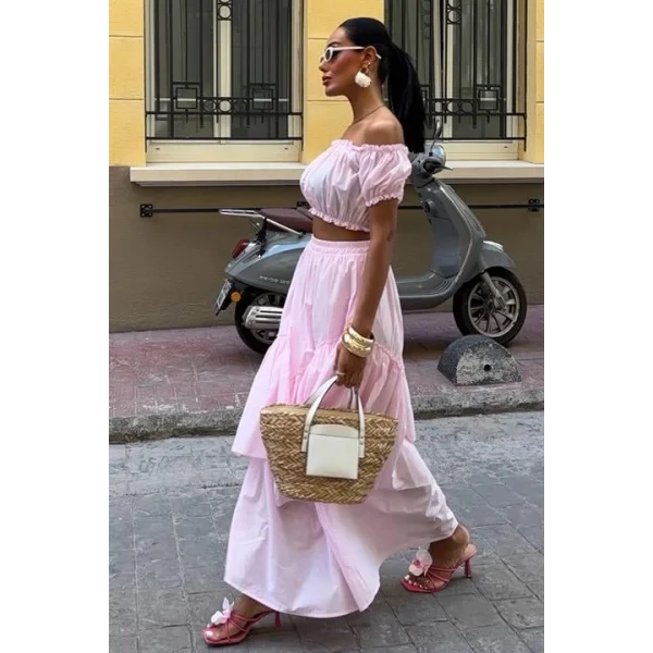 Büzgülü Crop Kat Detaylı Fırfır Etekli Takım 10196