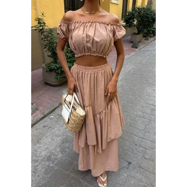 Büzgülü Crop Kat Detaylı Fırfır Etekli Takım 10196