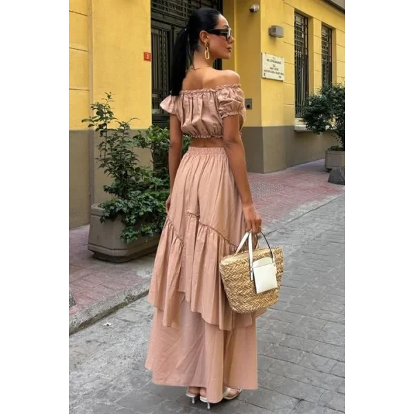 Büzgülü Crop Kat Detaylı Fırfır Etekli Takım 10196