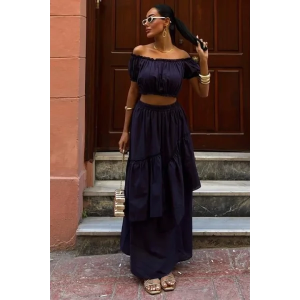 Büzgülü Crop Kat Detaylı Fırfır Etekli Takım 10196